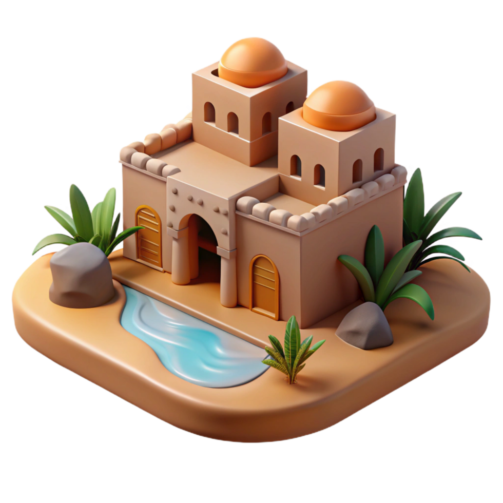 iconic abstract Desert oasis with traditional mud brick architecture, midday sun, warm tones, realistic, detailed png