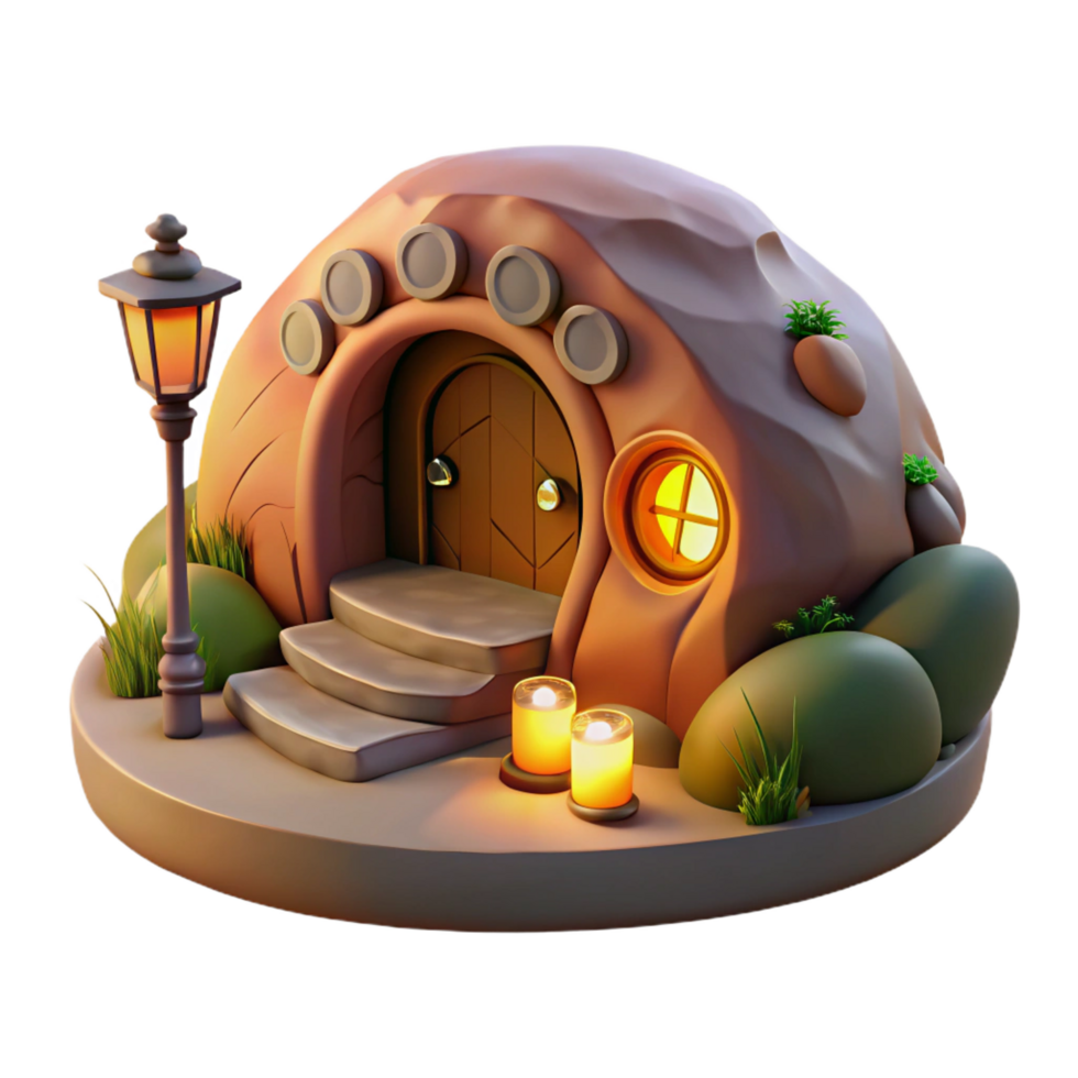 mesmerizing memorable A subterranean dwelling, carved into the earth, warm and cozy lighting, hobbit hole style, digital art, png