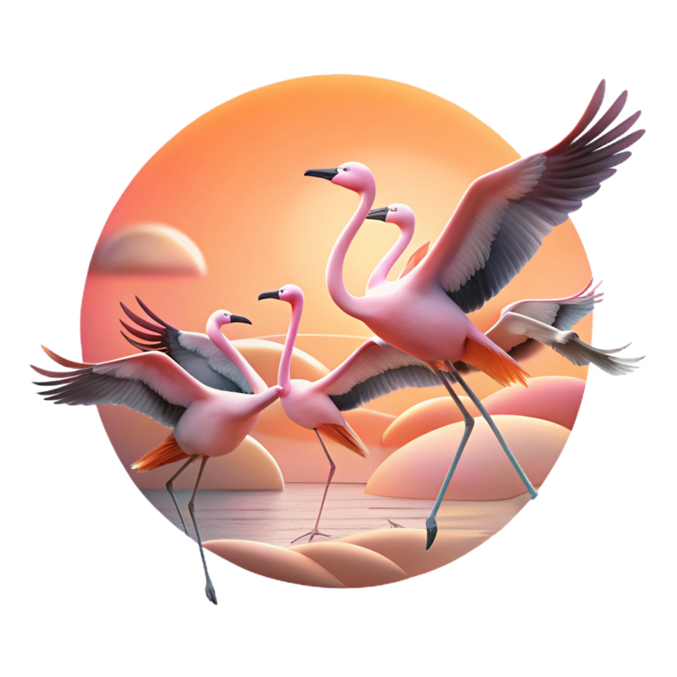 hypnotic energetic artistic A flock of flamingos taking flight against a pastel sunset, silhouetted figures, in a minimalist style professional png