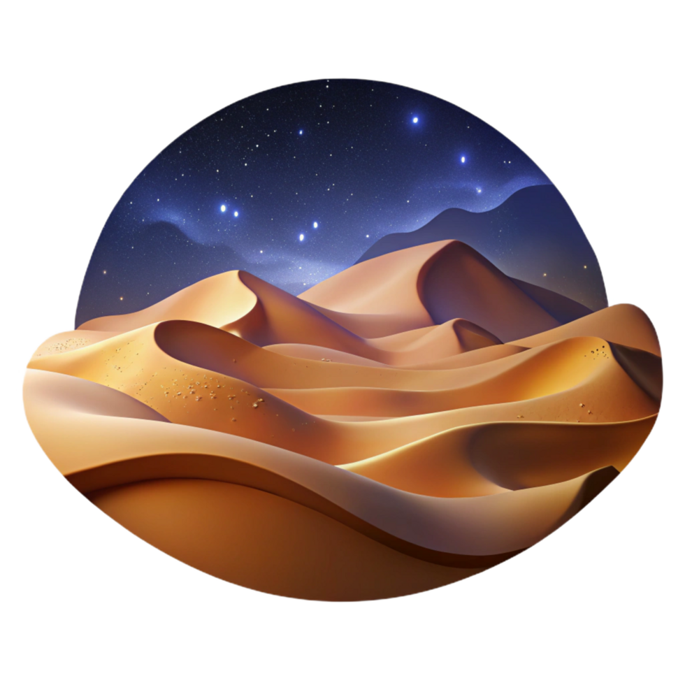 romantic magnificent A desert landscape with towering sand dunes and a clear, starry night sky. Dramatic lighting, vast expanse 4K png