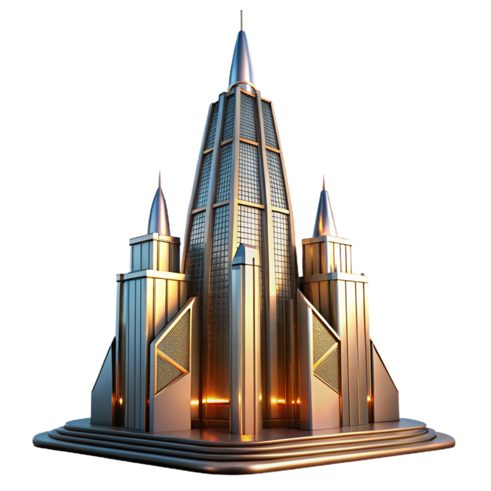 exceptional renaissance Art Deco skyscraper, chrome and glass, sharp lines, sunset lighting, volumetric lighting, ray tracing, highly detailed, intricate, Art Deco style flawless png
