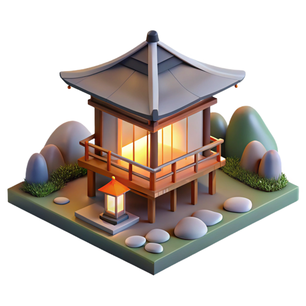 signature futuristic A minimalist Japanese tea house, surrounded by a zen garden, soft morning light, serene atmosphere, watercolor painting style, high resolution png