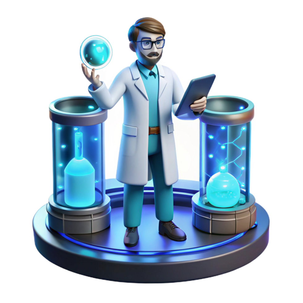 beautiful quintessential A scientist working in a futuristic laboratory, surrounded by holographic displays, cool blue lighting, clean and minimalist, art style png