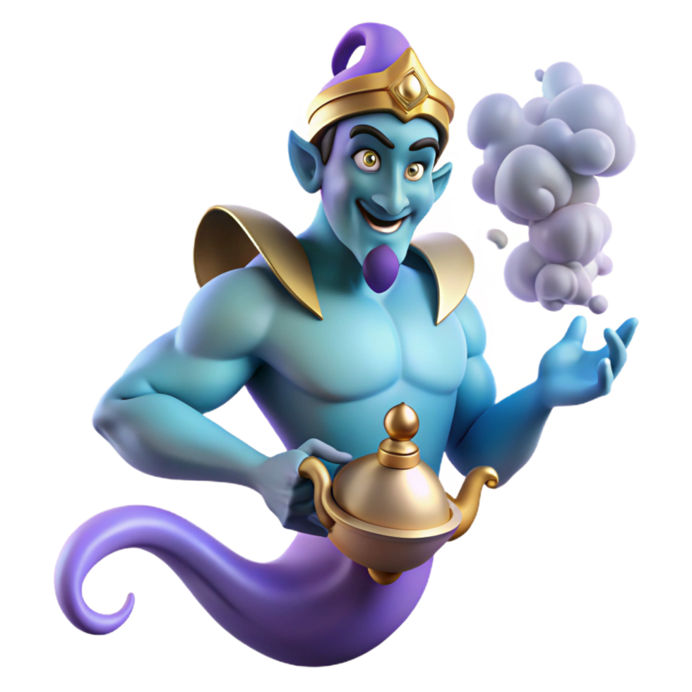 exquisite futuristic Portrait of a powerful genie emerging from a magic lamp, swirling smoke and light, fantasy art style crisp png