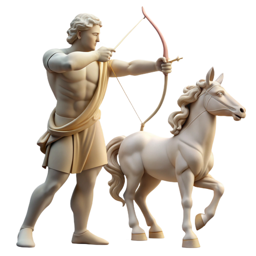 magnificent celebrated A wise centaur teaching archery to a young human, soft sunlight filtering through the trees, classical Greek sculpture style png