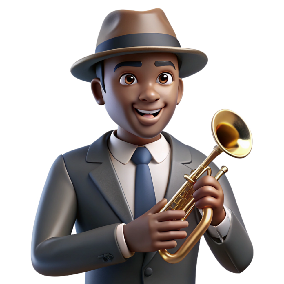 captivating passionate surreal Portrait of a jazz musician with a trumpet, wearing a fedora and a pinstripe suit. Warm, smoky nightclub lighting. Art Deco style expertly shot png