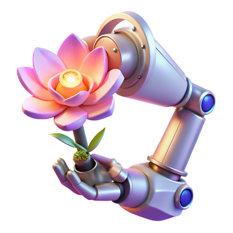nostalgic beautiful A robotic arm holding a delicate flower, illuminated by a soft, ethereal light. Surreal style, contrasting elements masterfully captured png