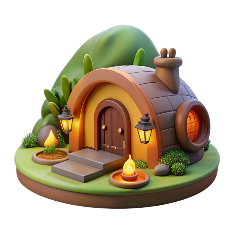 magnificent mysterious coastal A cozy hobbit hole built into a hillside, warm firelight, idyllic setting, whimsical style, intricate details, high resolution png
