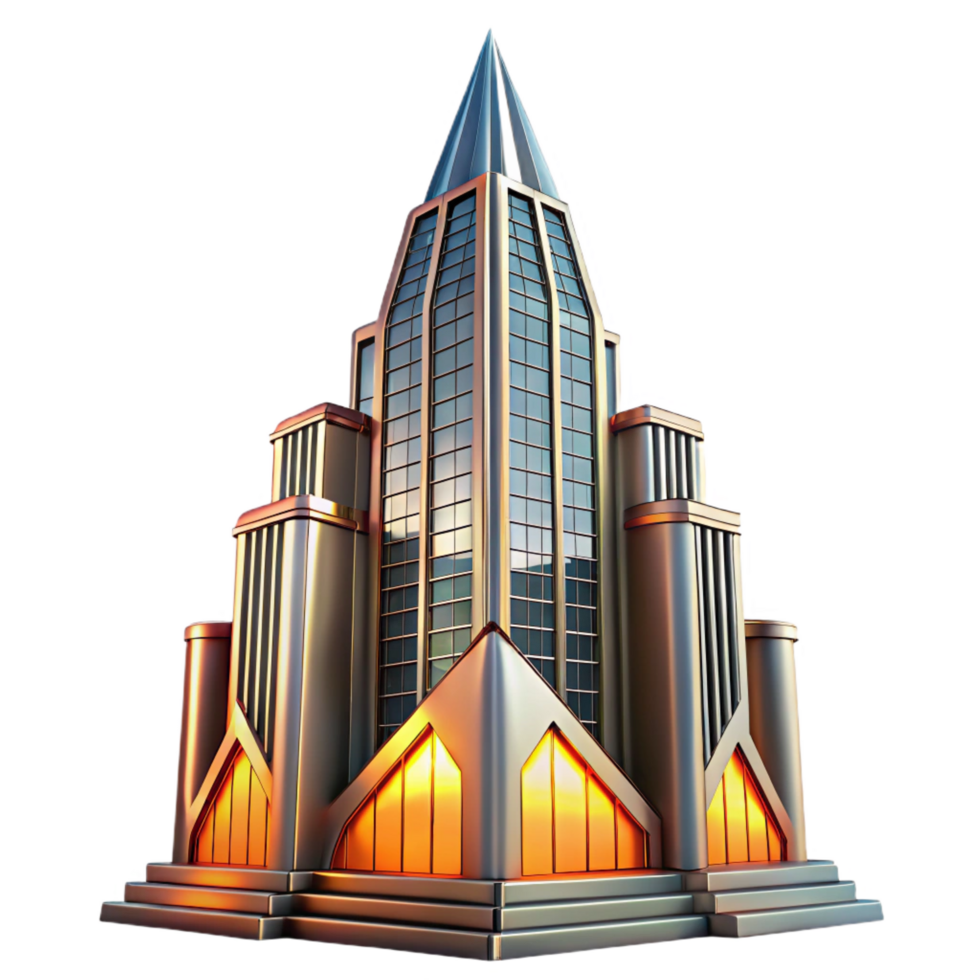 striking victorian Art Deco skyscraper, chrome and glass, sharp lines, sunset lighting, volumetric lighting, ray tracing, highly detailed, intricate, Art Deco style gallery standard png