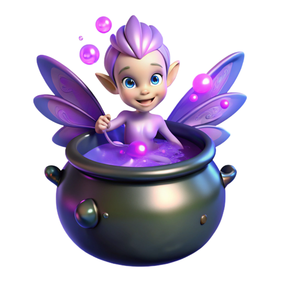 beautiful nordic A mischievous pixie with iridescent wings hovering over a bubbling cauldron filled with glowing purple liquid, dark and mysterious lighting, digital painting style authentic png