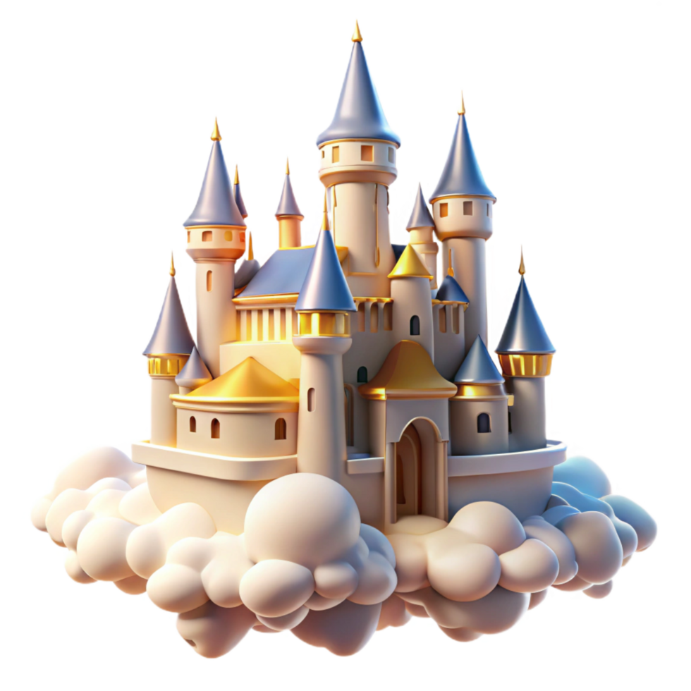 stunning baroque A majestic castle floating in the clouds, soft, golden sunlight, dreamlike style ultra HD png