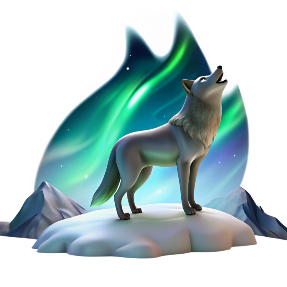gorgeous nostalgic renaissance A lone wolf howling at the Northern Lights, dramatic lighting and snow covered landscape, painted in an impressionistic style fine detail png