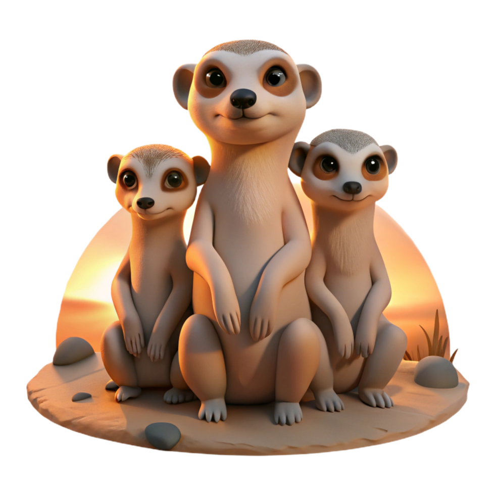 sought after artistic A family of meerkats huddled together in the desert at dawn, warm, earthy tones, photorealistic style perfect clarity png