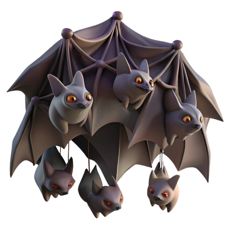 serene acclaimed A colony of bats hanging upside down in a cave, dark background with dramatic lighting, in a spooky style png