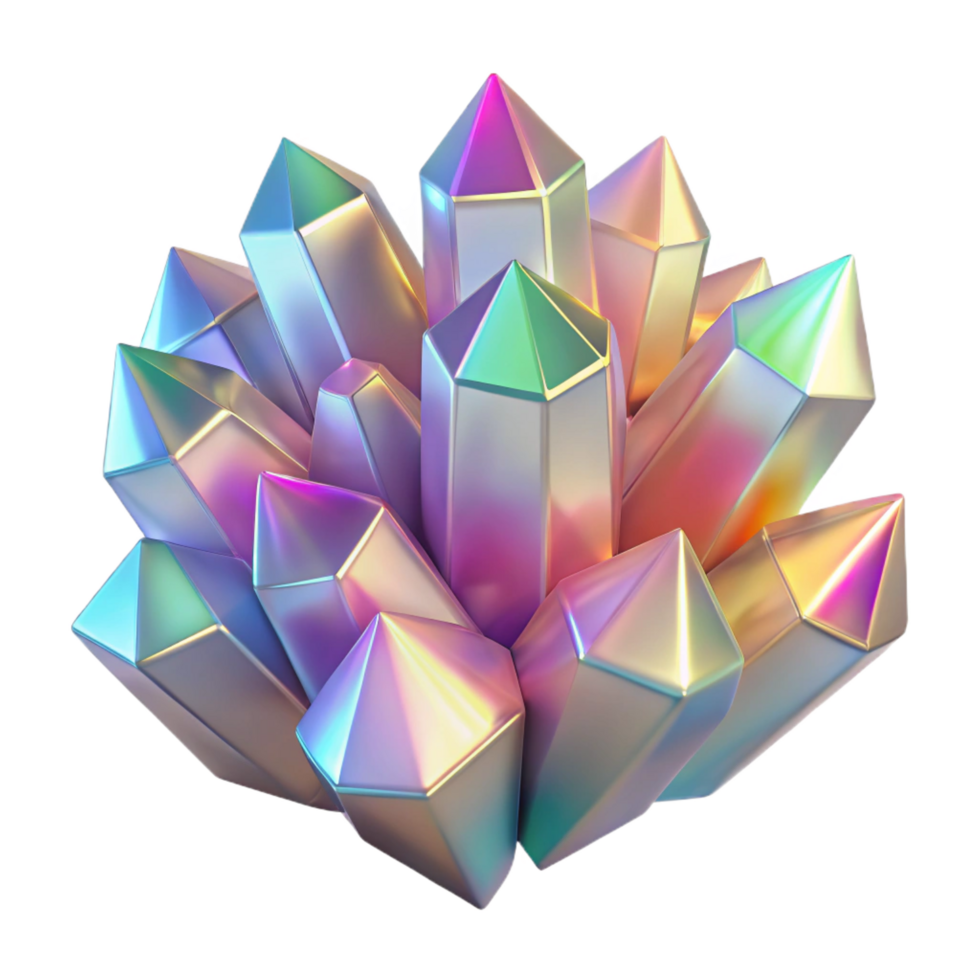 captivating whimsical retro A cluster of crystalline structures, refracting a rainbow of colors under a bright, white light. Geometric abstraction style luxury png