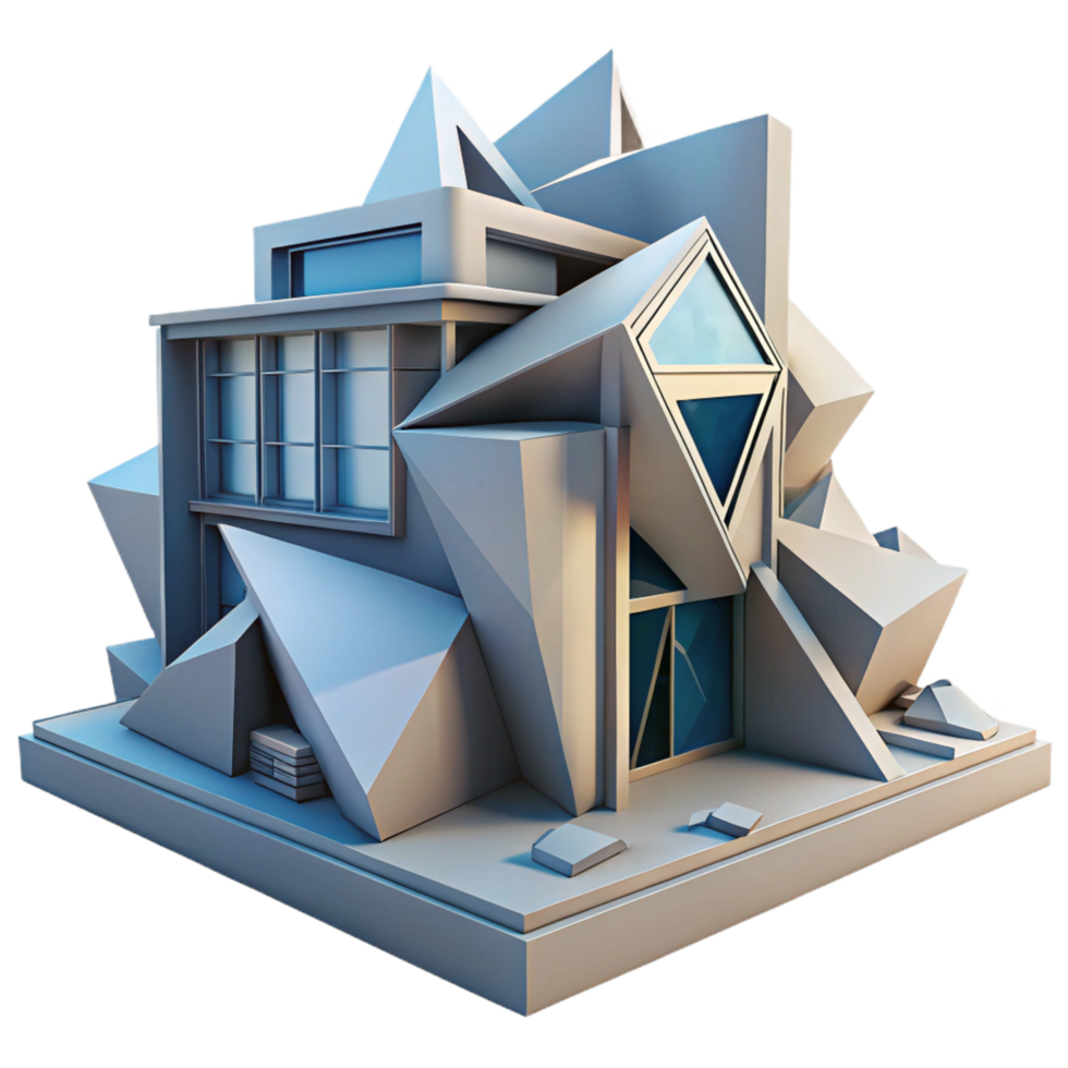 acclaimed bohemian Deconstructivist building, fragmented forms, sharp angles, dynamic lighting, abstract, architectural style luxury png