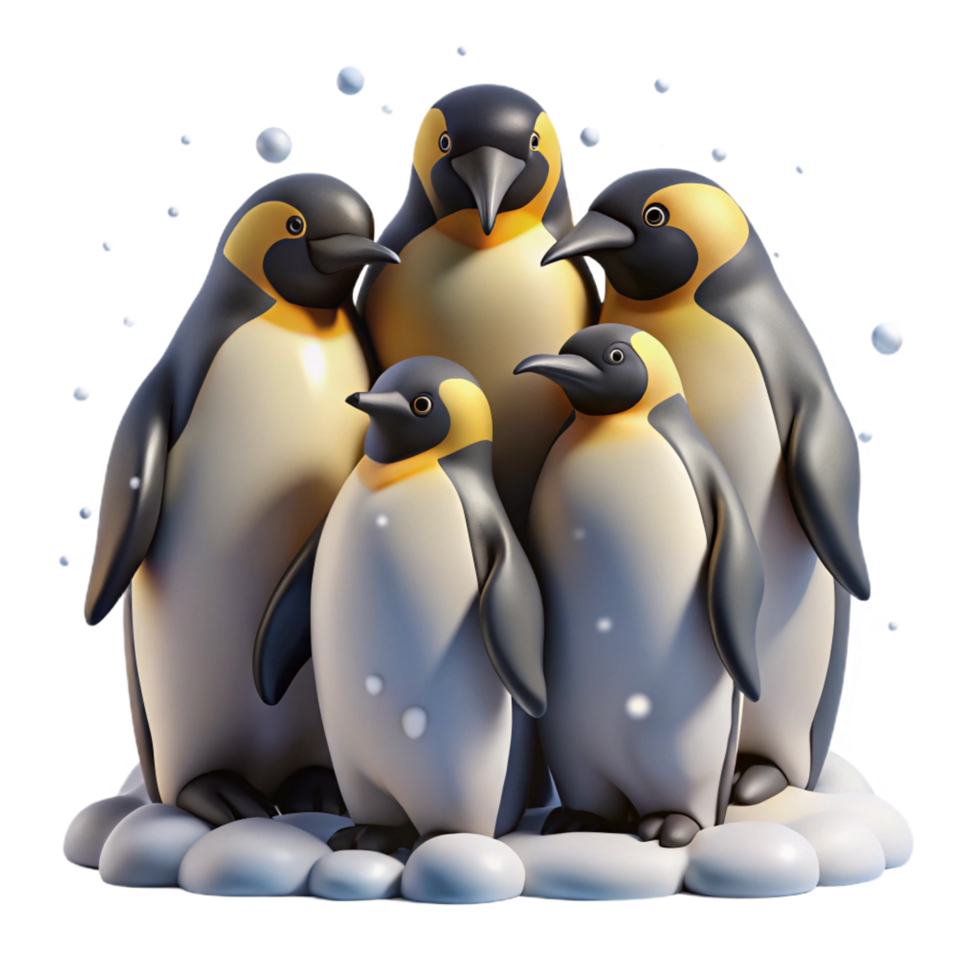 magnificent minimalist A group of emperor penguins huddling together in a blizzard, harsh lighting, photorealistic style sharp png