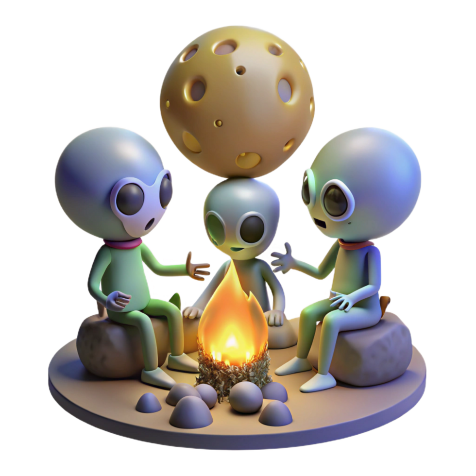 vibrant industrial A group of aliens gathered around a campfire, telling stories under the light of a strange alien moon. Fantasy art style, warm and inviting ultra HD png