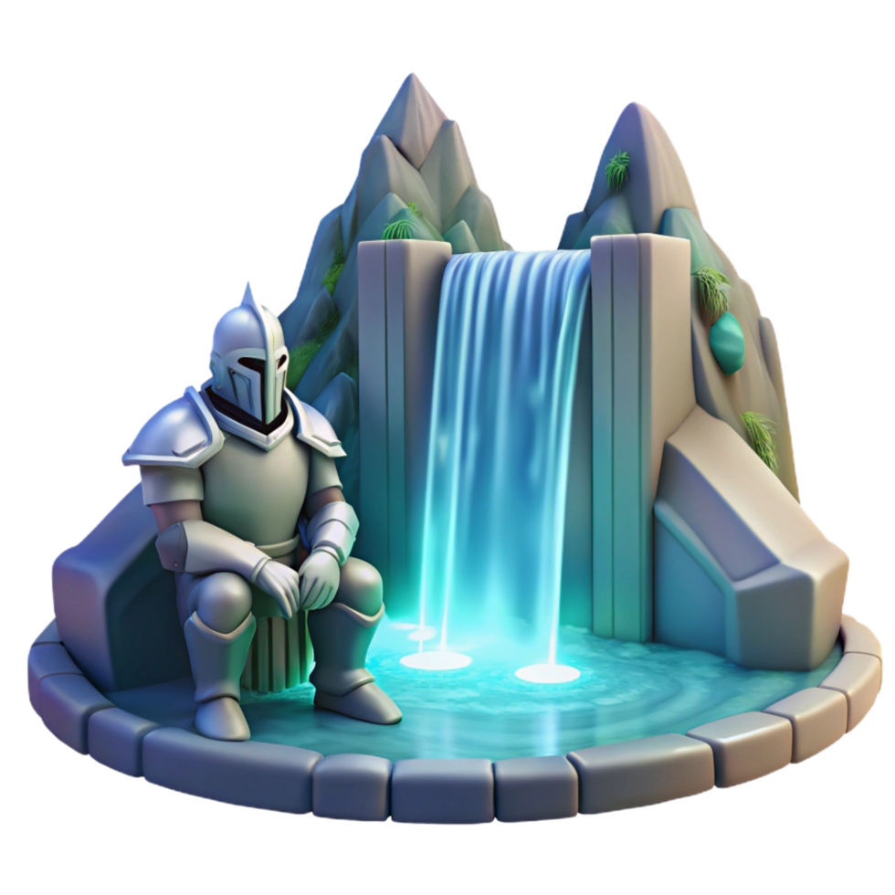 immaculate harmonious abstract A lone knight in shining armor kneeling before a mystical waterfall cascading into a crystal clear pool, soft diffused lighting, in a painterly style high resolution png