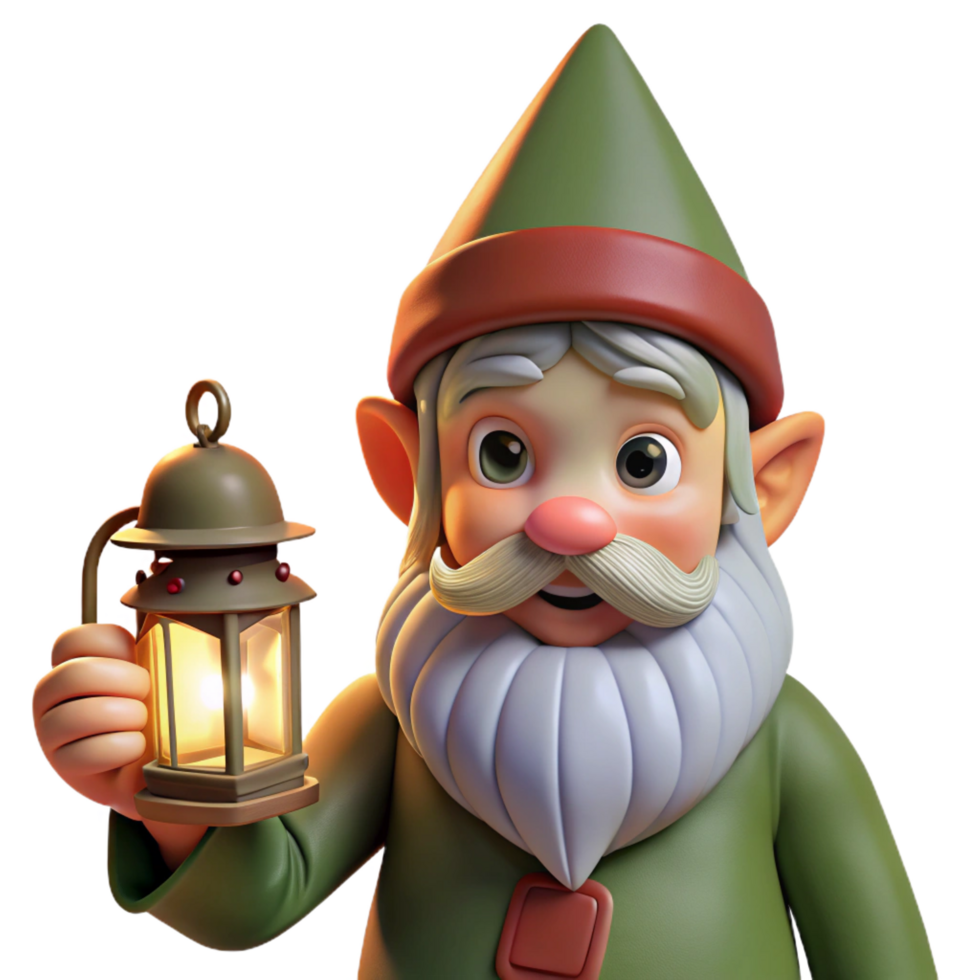 beautiful playful elegant Portrait of a grumpy gnome with a long beard, pointed hat, and holding a small lantern. Warm, firelight. Fantasy art style refined png