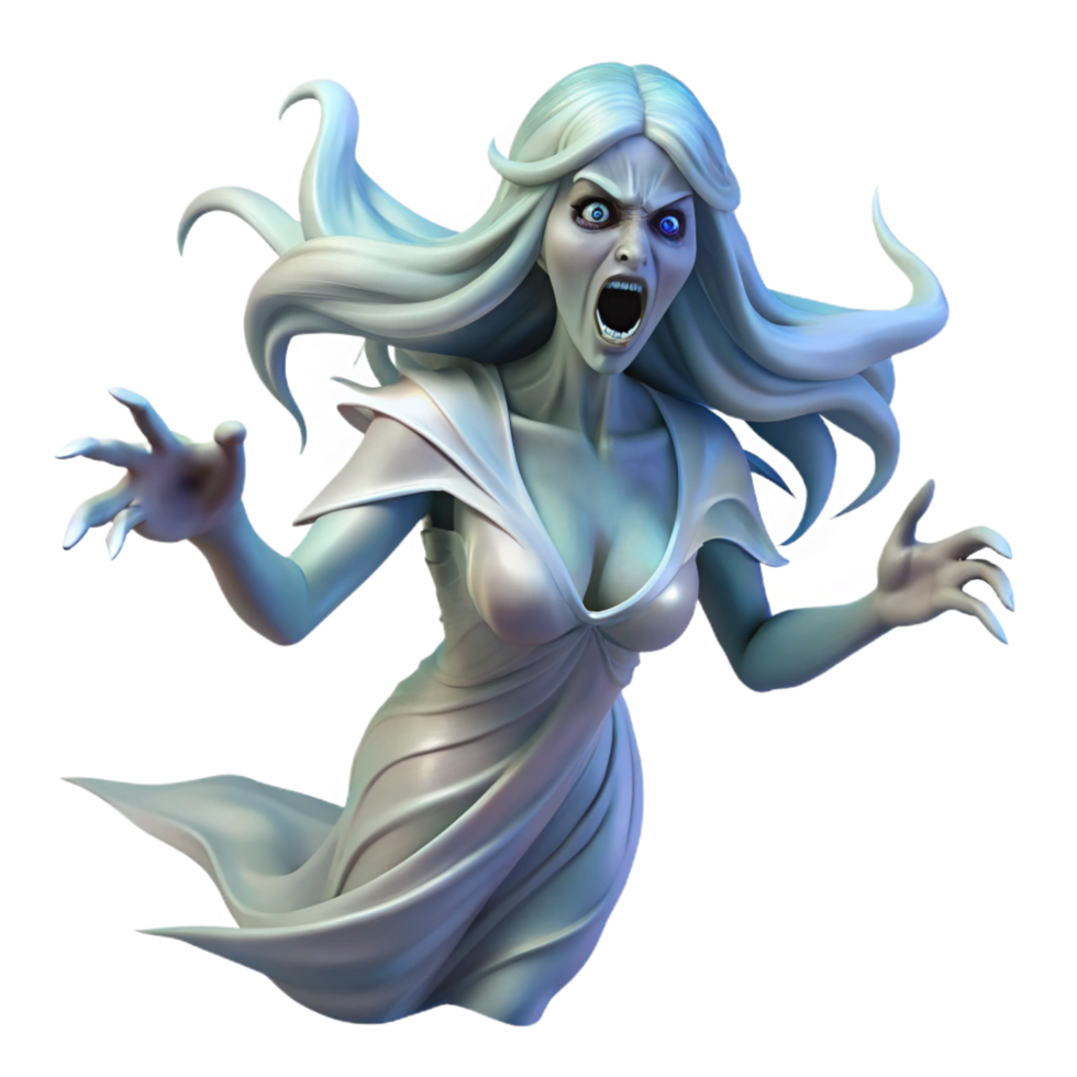 reflective pristine A spectral Banshee wailing in the moonlight, her ethereal form flowing in the wind, gothic horror style perfect clarity png