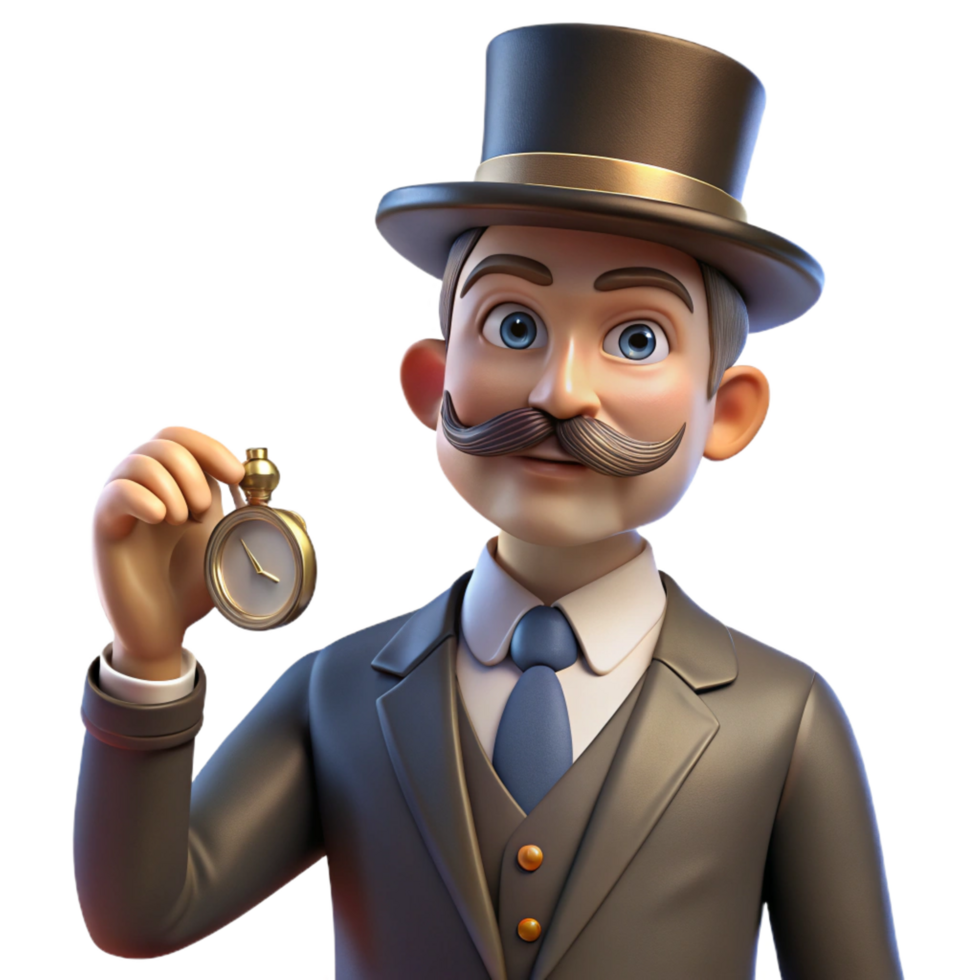 sumptuous distinguished Portrait of a Victorian gentleman with a handlebar mustache, monocle, and top hat, holding a pocket watch. Soft, diffused natural lighting. Academic painting style png