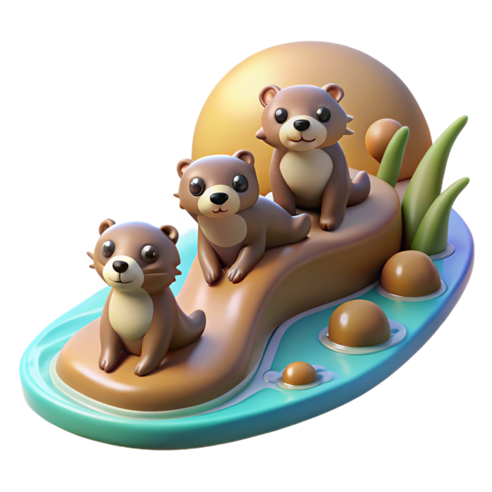 passionate serene A family of playful otters sliding down a muddy riverbank, sun drenched scene with shallow depth of field, illustrated in a whimsical style handcrafted png