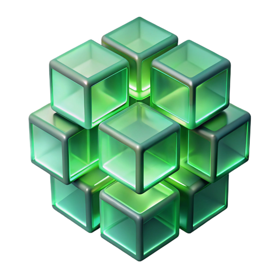 beautiful bohemian A cluster of translucent cubes, overlapping and intersecting, illuminated by a cool, green light. Minimalist style refined png