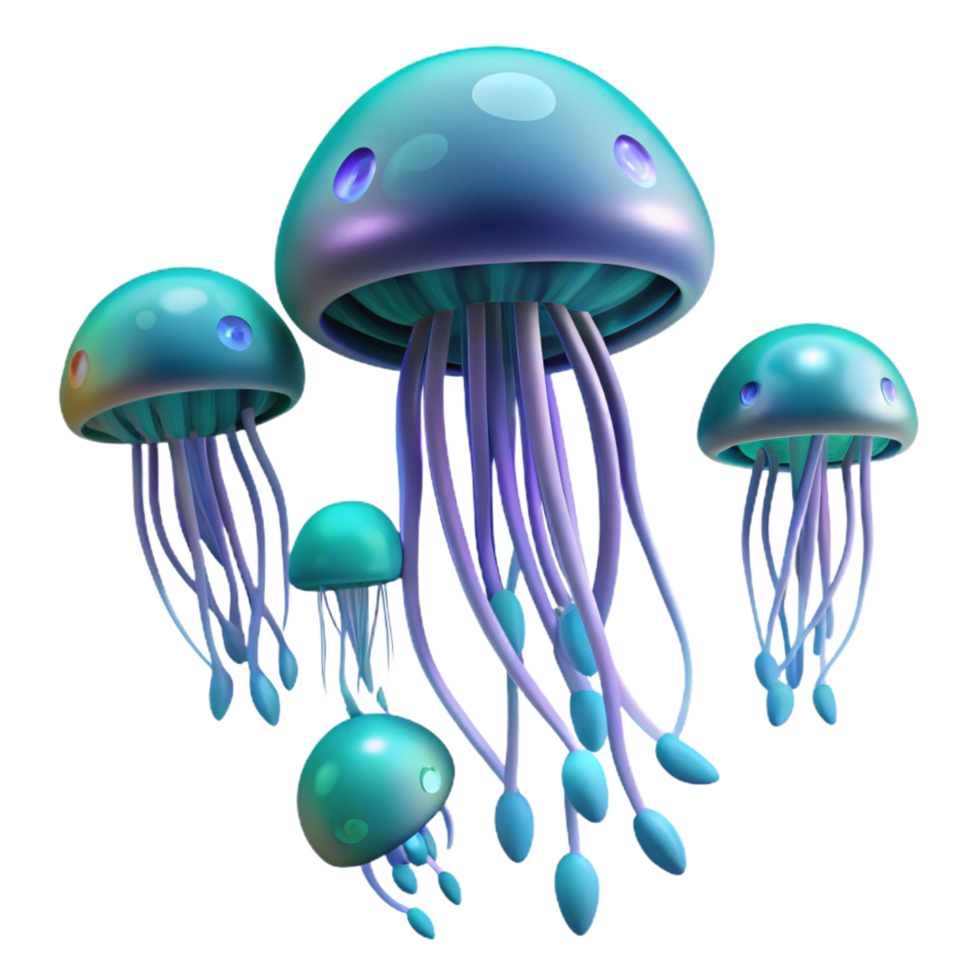 celebrated mid century A school of bioluminescent jellyfish drifting in the deep ocean, dark background with glowing jellyfish, fantasy art style expertly shot png