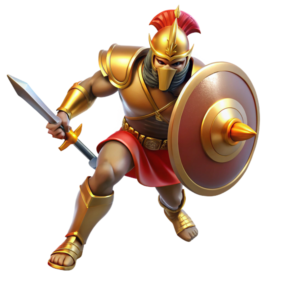 harmonious fascinating A fierce Ares, god of war, wielding a sword and shield, dramatic lighting, battle scene. Baroque style 4K png