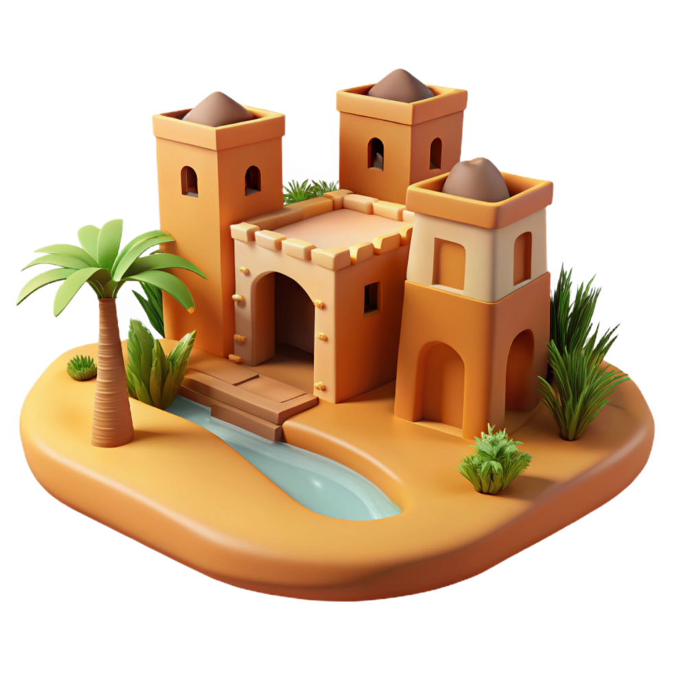 extraordinary intense retro Desert oasis with traditional mud brick buildings, warm afternoon light, peaceful, serene style authentic png
