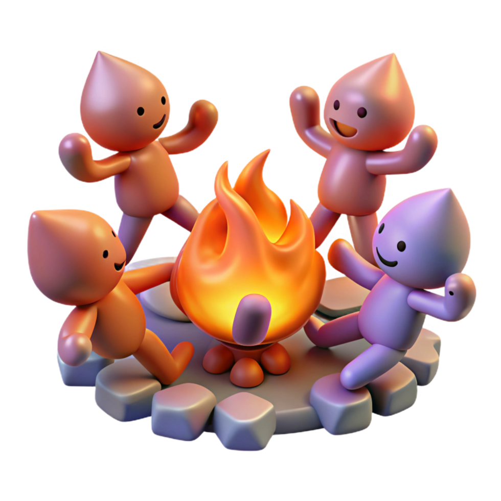 dynamic striking A group of playful sprites dancing around a bonfire, warm firelight, impressionistic style high quality png