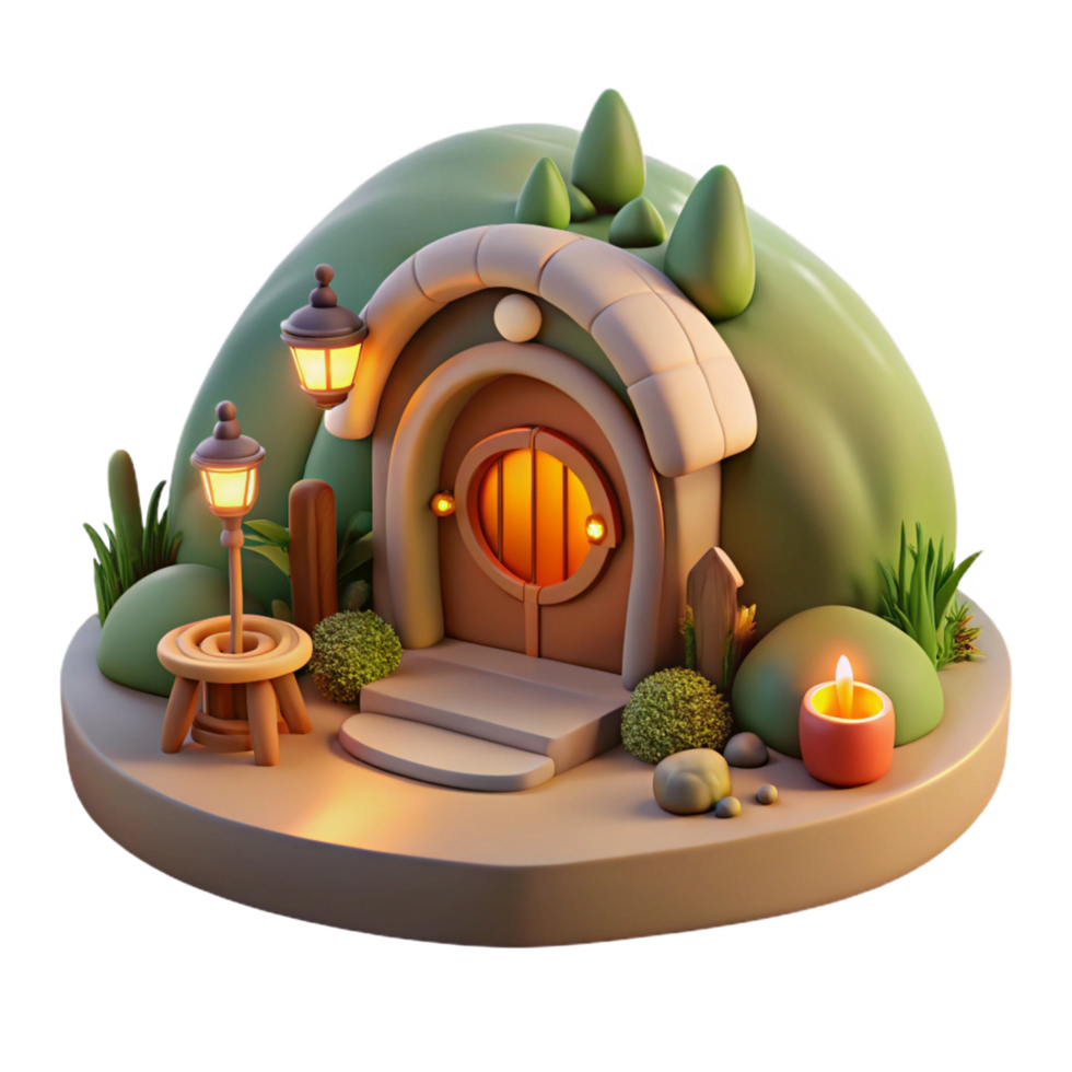 rare victorian A cozy hobbit hole built into a hillside, warm firelight, idyllic setting, whimsical style, intricate details, authentic png