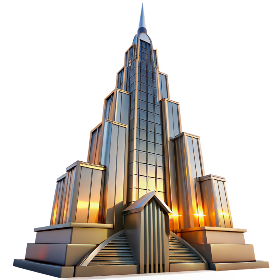 fascinating inspired Art Deco skyscraper, chrome and glass, sharp lines, sunset lighting, volumetric lighting, ray tracing, highly detailed, intricate, Art Deco style png