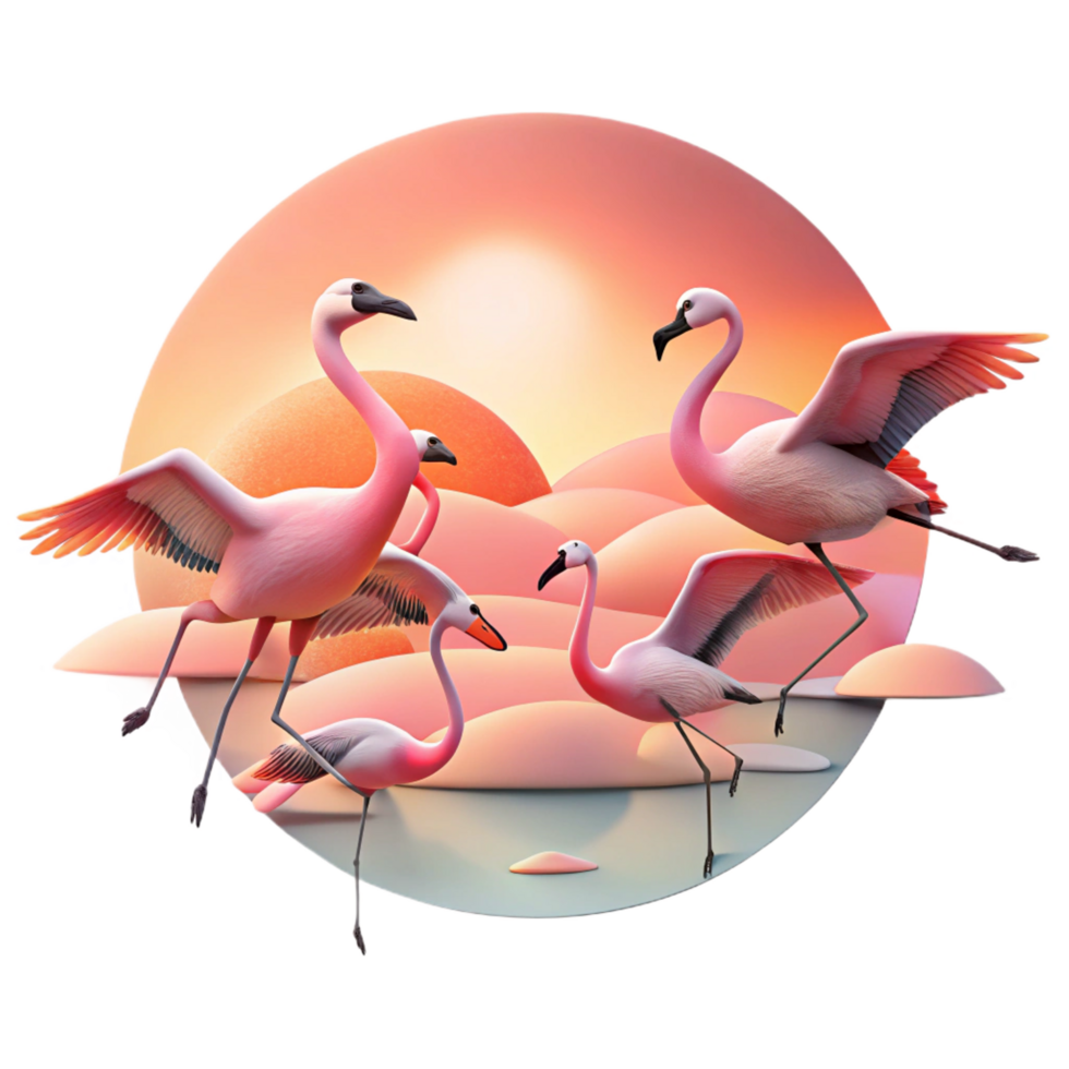 bold dazzling A flock of flamingos taking flight against a pastel sunset, silhouetted figures, in a minimalist style crisp png