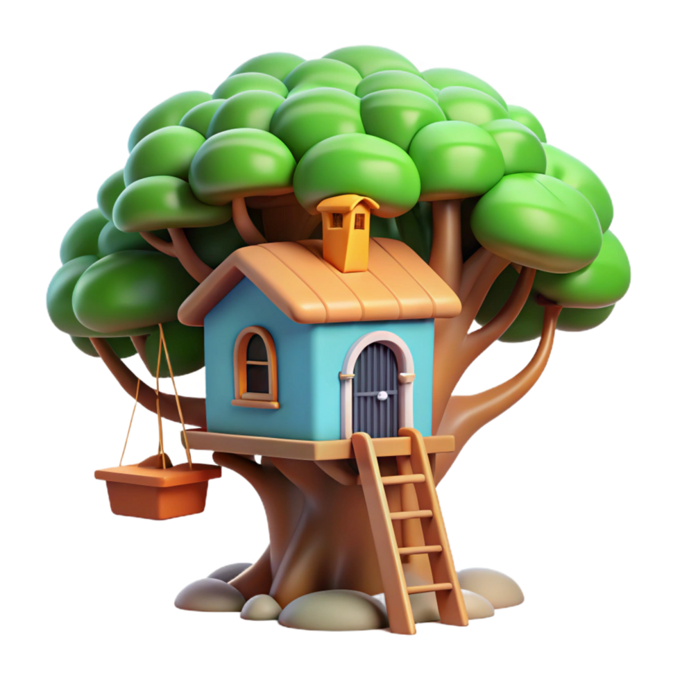 energetic alluring A whimsical treehouse nestled in the branches of a giant tree, dappled sunlight, children s book illustration style handcrafted png