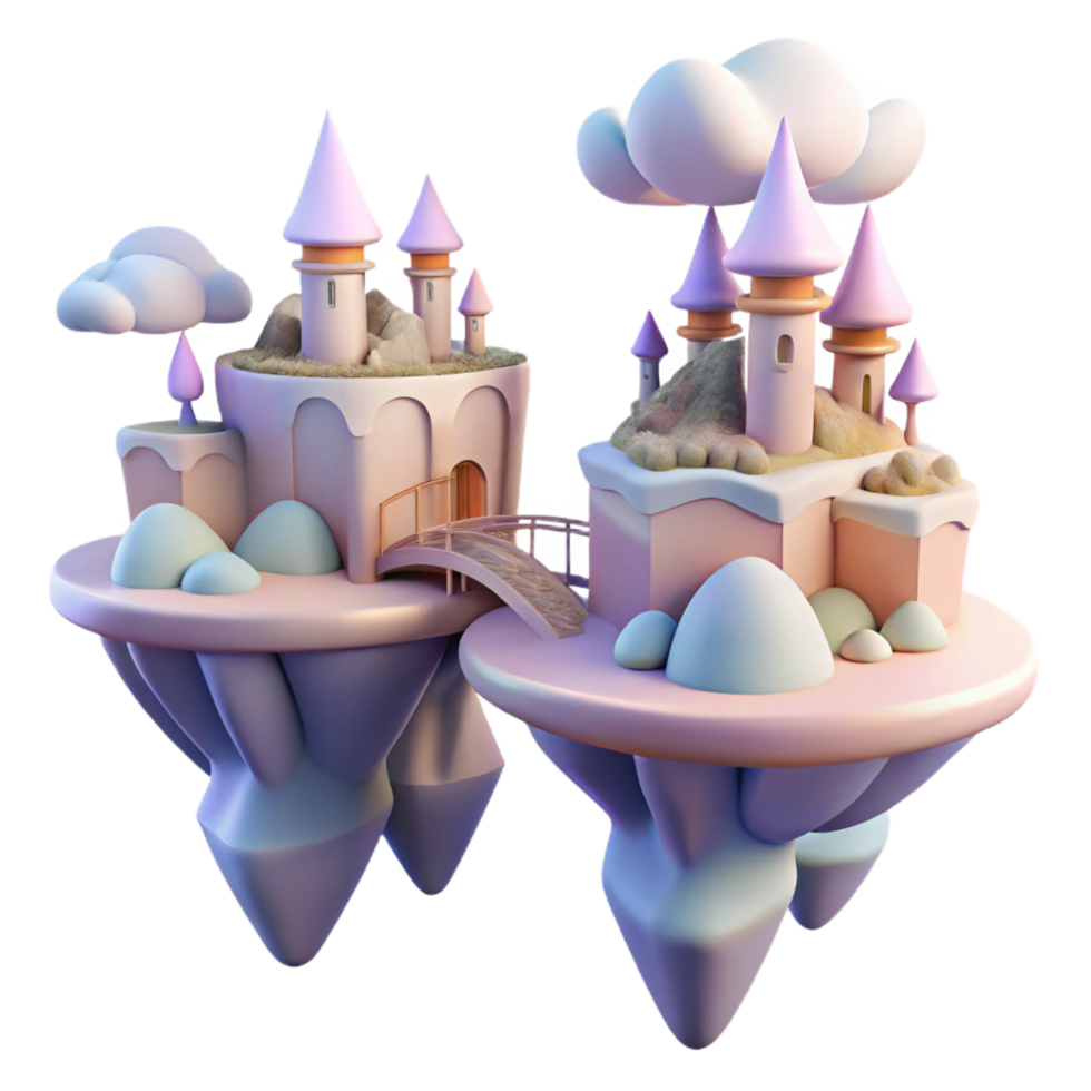 whimsical fascinating Floating islands connected by bridges, pastel colors, dreamlike atmosphere, art nouveau style, digital illustration, genuine png