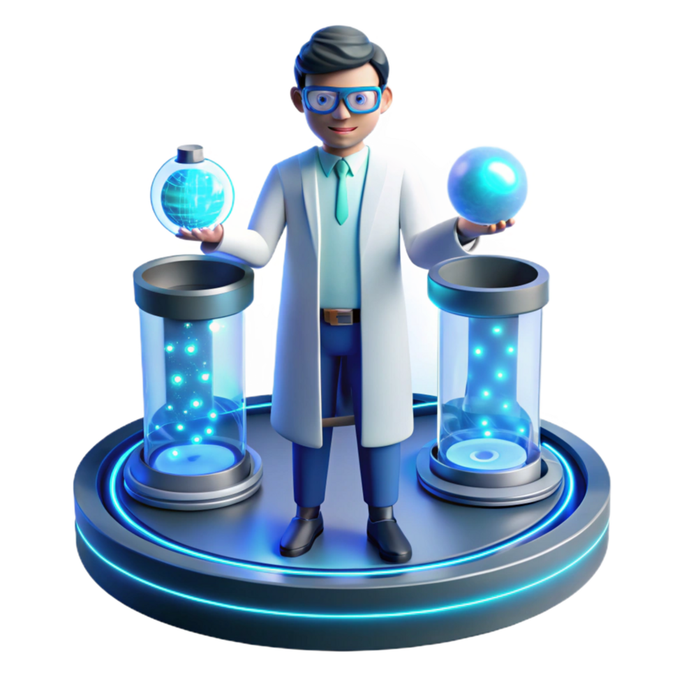 exquisite signature A scientist working in a futuristic laboratory, surrounded by holographic displays, cool blue lighting, clean and minimalist, art style png