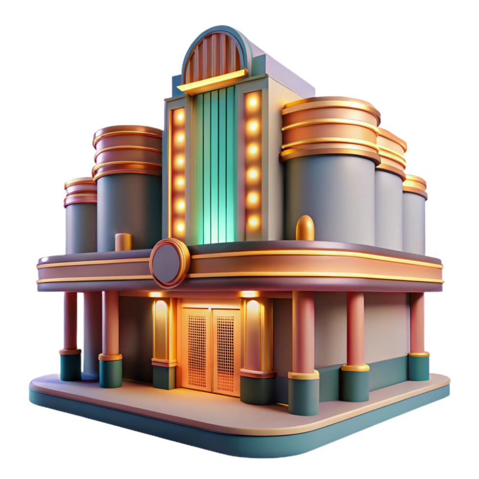 playful enchanting An art deco cinema, neon lights, vintage style, architectural photography style, precision png