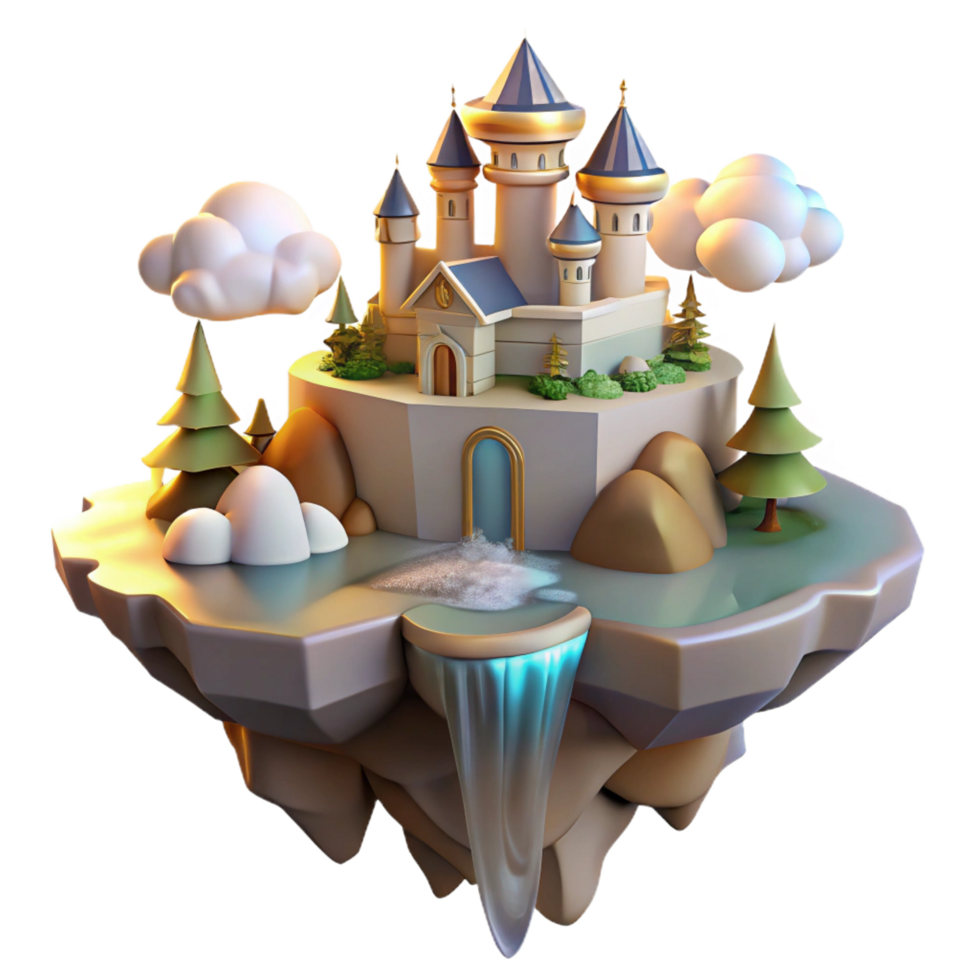 extraordinary baroque Floating island with castle, waterfalls cascading down, soft golden light, fantasy, romantic style high quality png