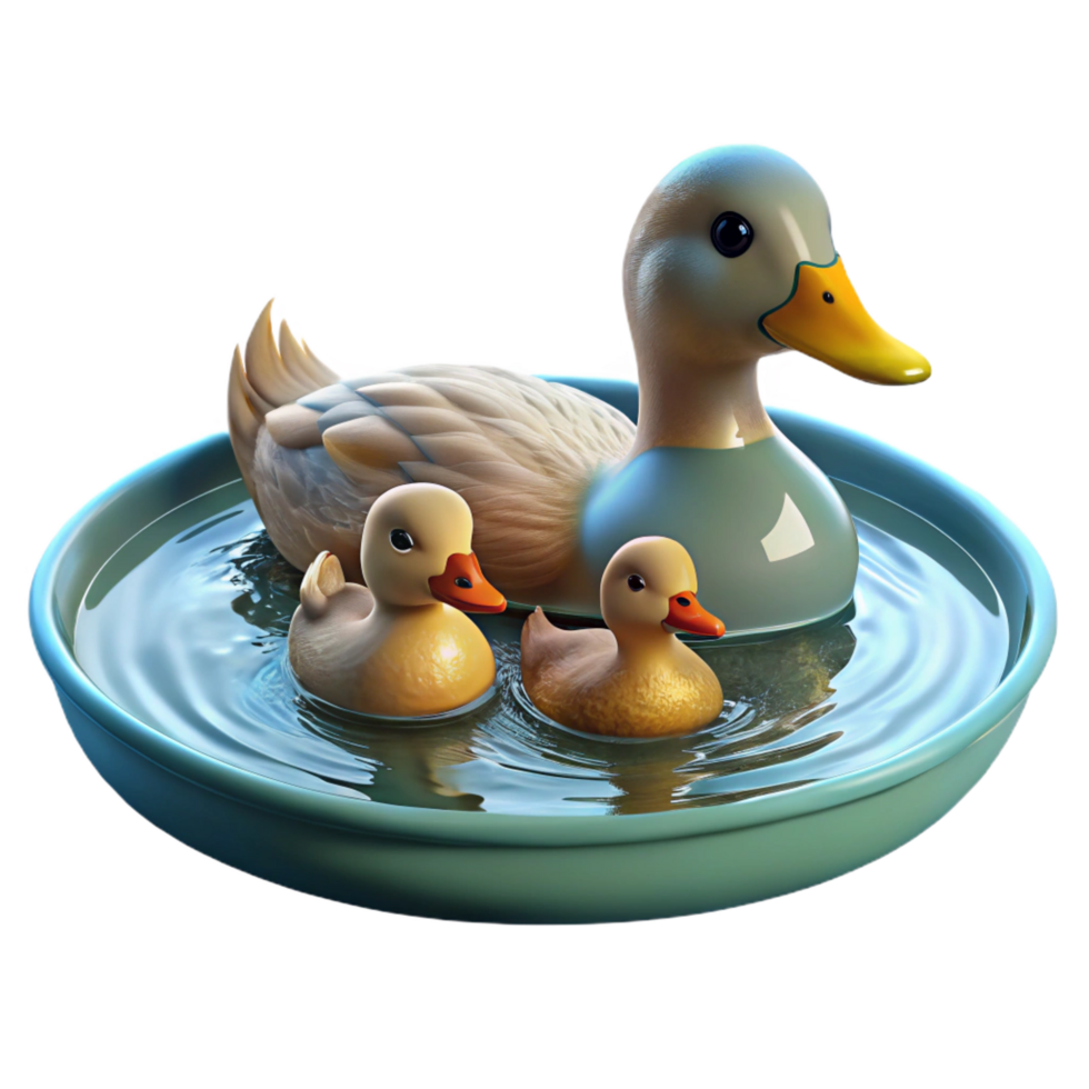 bold stunning A family of ducks swimming in a pond, serene atmosphere and reflective water, in an impressionistic style high resolution png