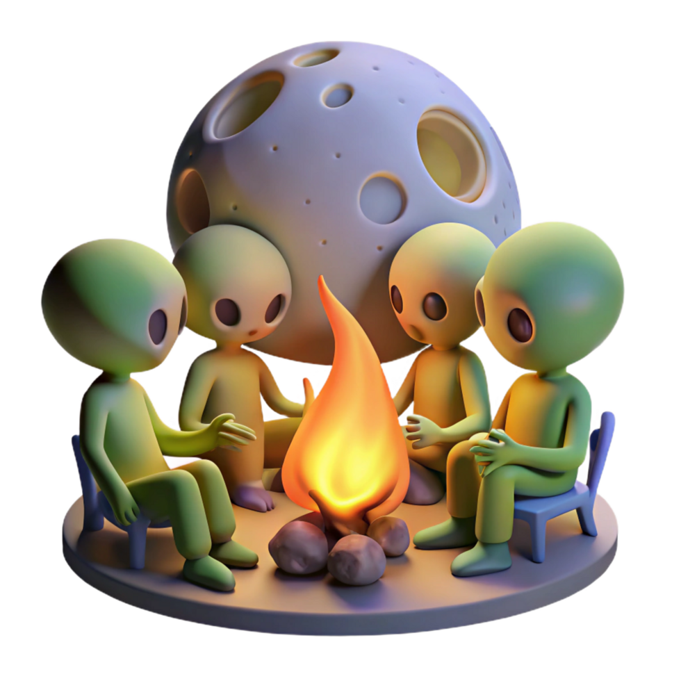 exceptional classic A group of aliens gathered around a campfire, telling stories under the light of a strange alien moon. Fantasy art style, warm and inviting sharp png