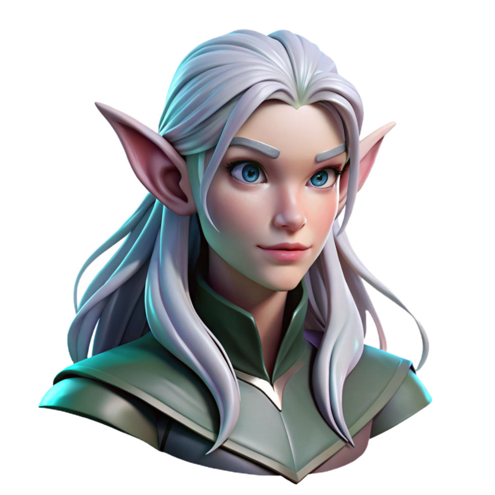 tranquil wonderful Portrait of a beautiful elf with flowing silver hair and pointed ears, enchanting forest lighting, fantasy art style perfect clarity png