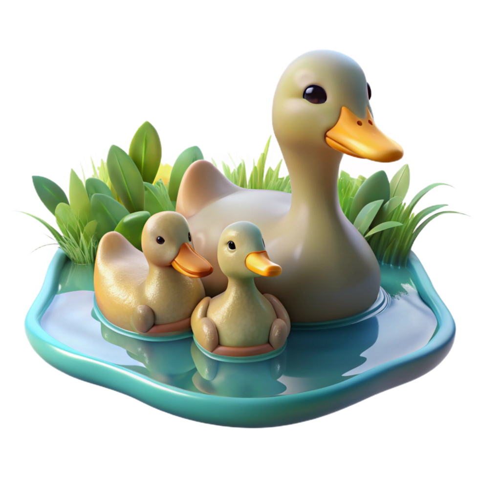 impressive bold modern A family of ducks swimming in a pond, serene atmosphere and reflective water, in an impressionistic style refined png