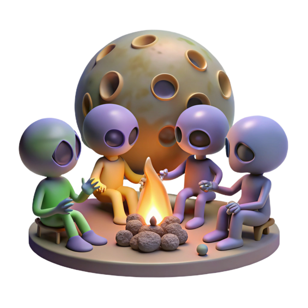 distinguished minimalist A group of aliens gathered around a campfire, telling stories under the light of a strange alien moon. Fantasy art style, warm and inviting handcrafted png