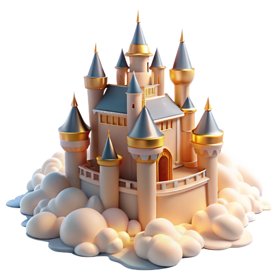 romantic gorgeous A majestic castle floating in the clouds, soft, golden sunlight, dreamlike style luxury png