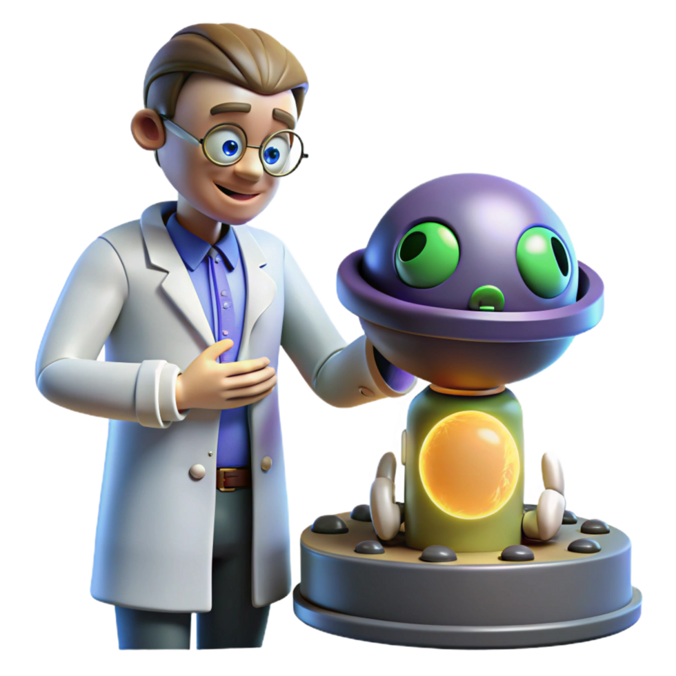 beautiful exemplary A scientist in a lab coat examining a strange alien artifact, bathed in the cool light of the laboratory equipment. Scientific illustration style, detailed rendering png