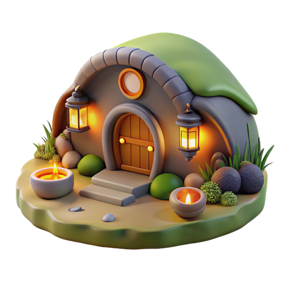 gorgeous reflective artistic A cozy hobbit hole built into a hillside, warm firelight, idyllic setting, whimsical style, intricate details, genuine png