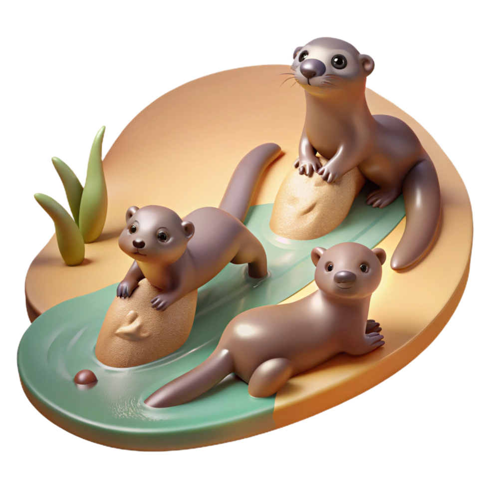 distinguished gothic A family of playful otters sliding down a muddy riverbank, sun drenched scene with shallow depth of field, illustrated in a whimsical style original png