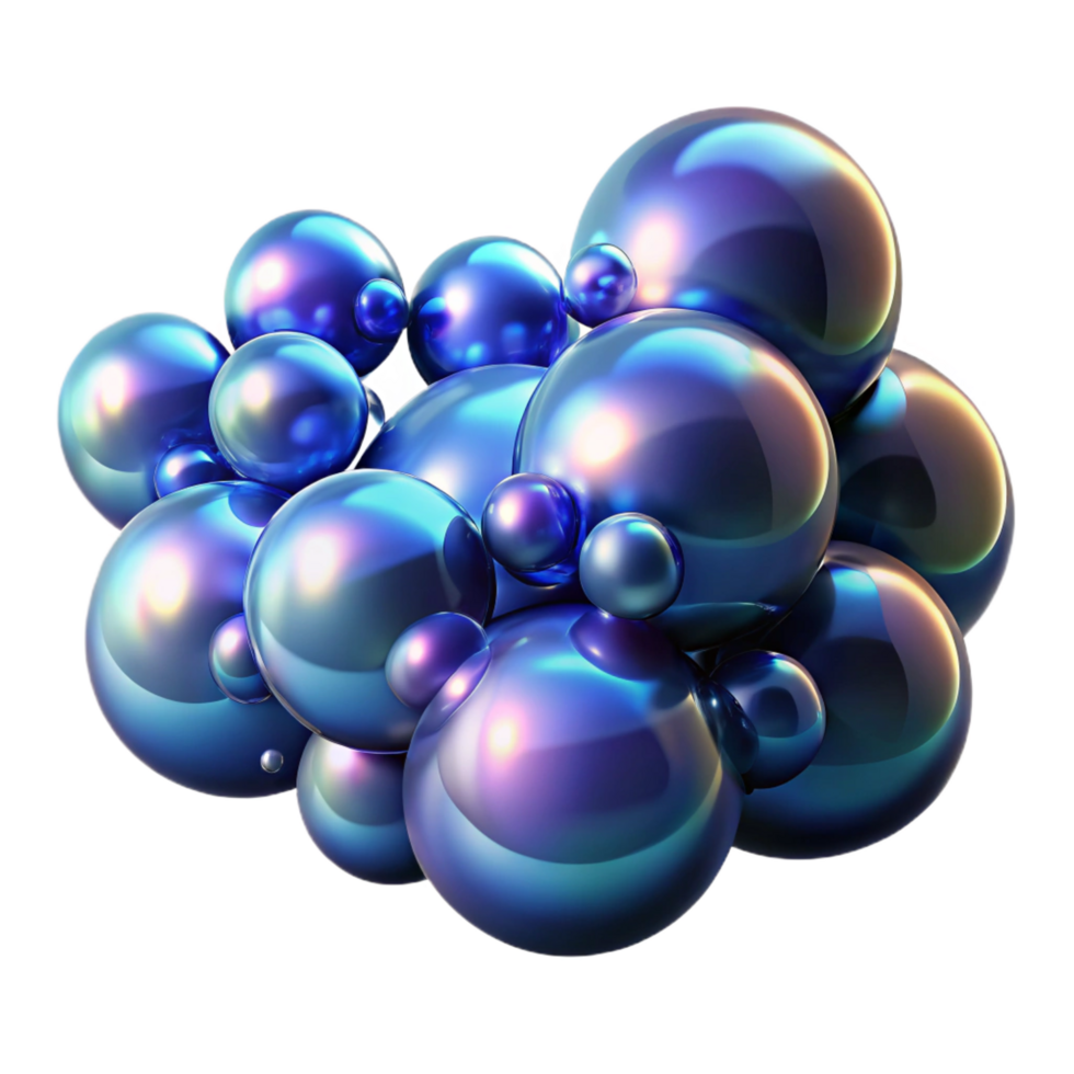 picturesque geometric A field of iridescent bubbles, floating in a dark, abstract space, illuminated by a soft, blue light. Surrealist style precision png
